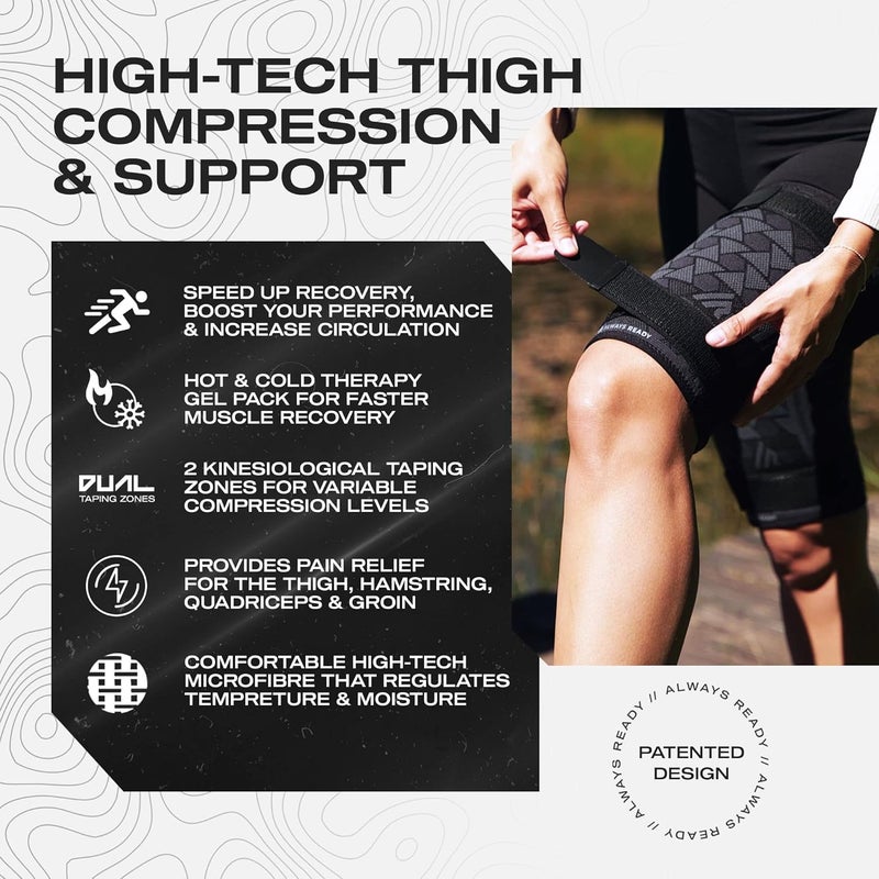 Always Ready , Thigh Compression Support Sleeve (2 Per Pack) with Hot & Cold Gel Pack for Hamstring & Quadricep Muscle Strains & Injury, Men & Women, Two Adjustable Compression Straps, Non-Slip (XS) - Image 3